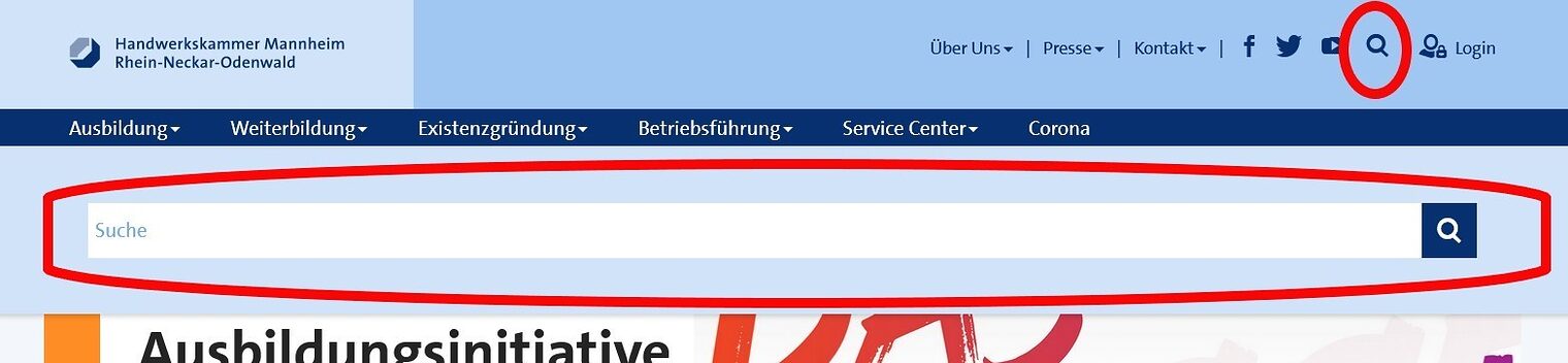 Kopfbereich der Internetseite hwk-mannheim.de mit Darstellung der Suchfunktion durch Lupe und Feld zum Ausfüllen