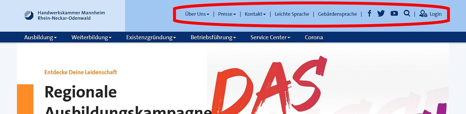 Kopfzeile auf www.hwk-mannheim.de mit Hauptmenü Über uns, Presse, Kontakt, Leichte Sprache, Gebärdensprache, Soziale Medien und Suchfunktion