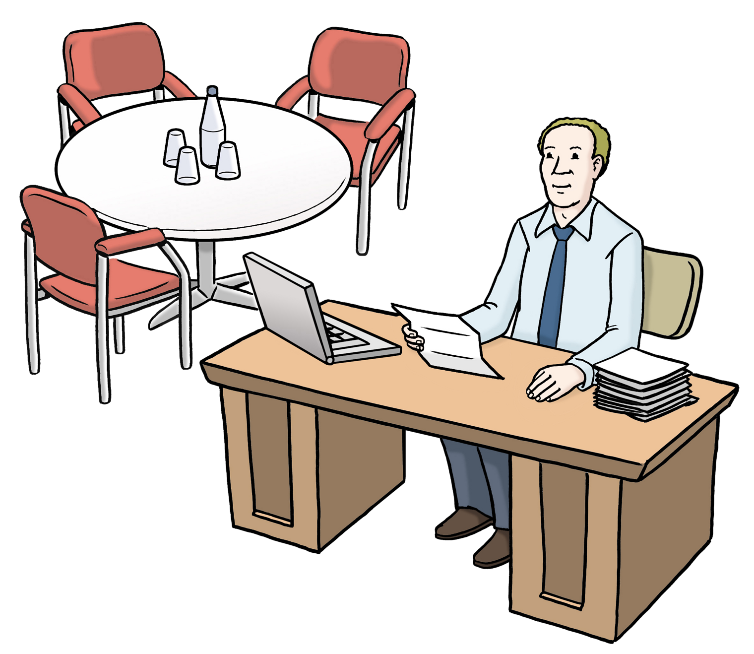 Mann sitzt mit einem Papier in der Hand am Schreibtisch, darauf ein Laptop und ein Stapel Unterlagen, links davon ein runder Tisch mit Getränken und Stühlen