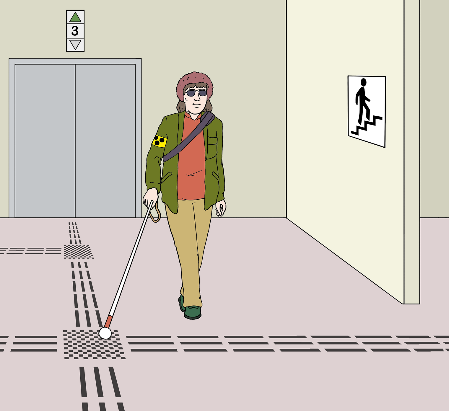 Blinde Frau mit Blindenstock, im Hintergrund eine Fahrstuhltür, rechts eine Mauer mit Schild zur Treppe, auf dem Boden ein Blindenleitsystem