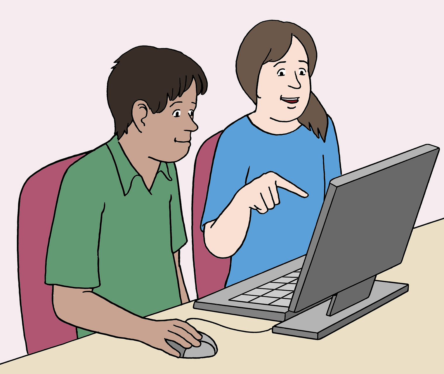Frau und Mann sitzen am Tisch vor dem Computer, die Frau zeigt auf den Bildschirm und spricht, der Mann bedient die Maus
