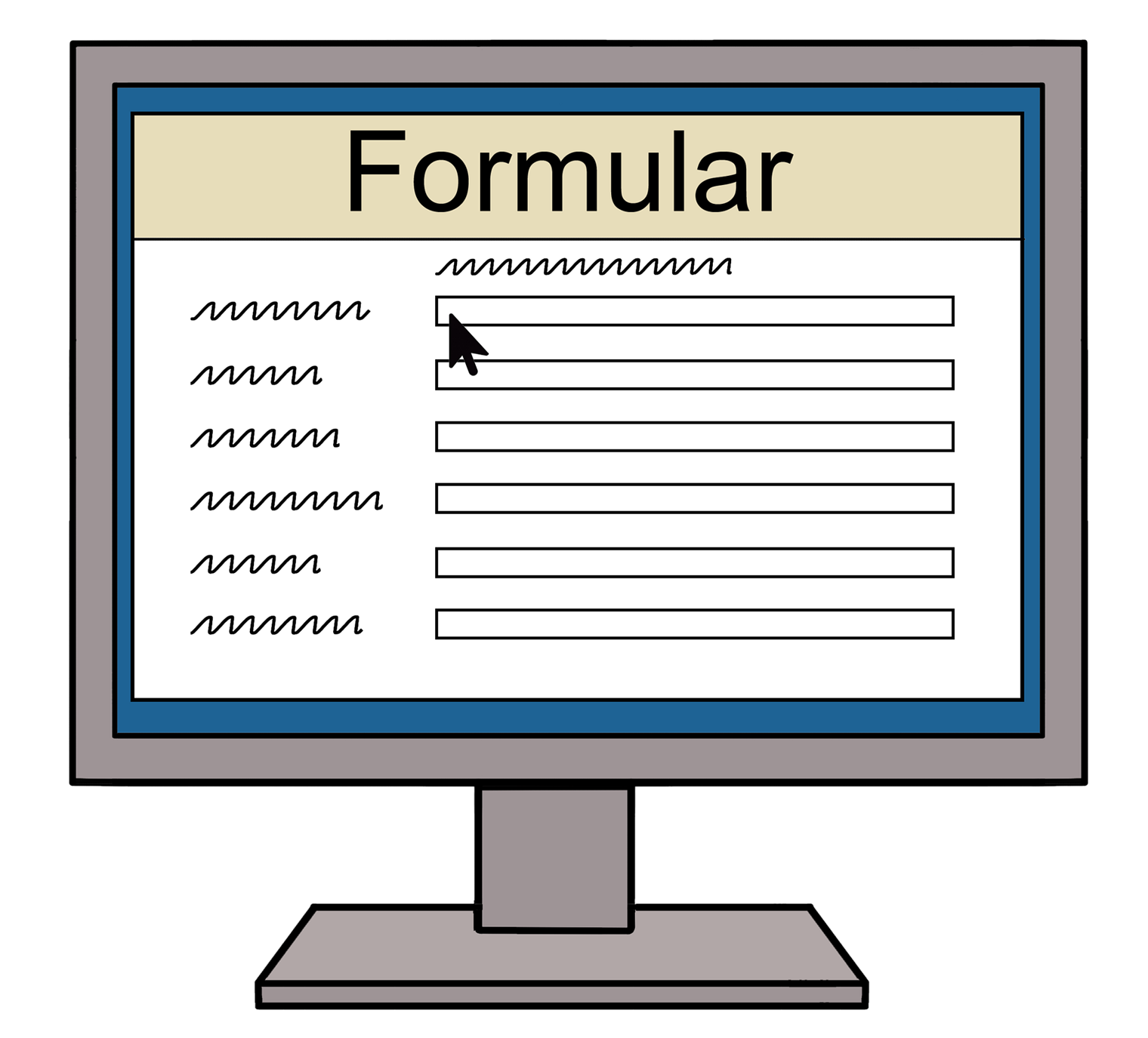 Computerbildschirm zeigt ein Formular mit Schrift und offenen Feldern für die Texteingabe