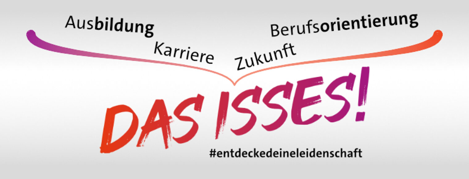 Bildmotiv mit Text: Ausbildung, Karriere, Berufsorientierung und Zukunft werden über einen Trichter in "Das isses!" gebündelt.