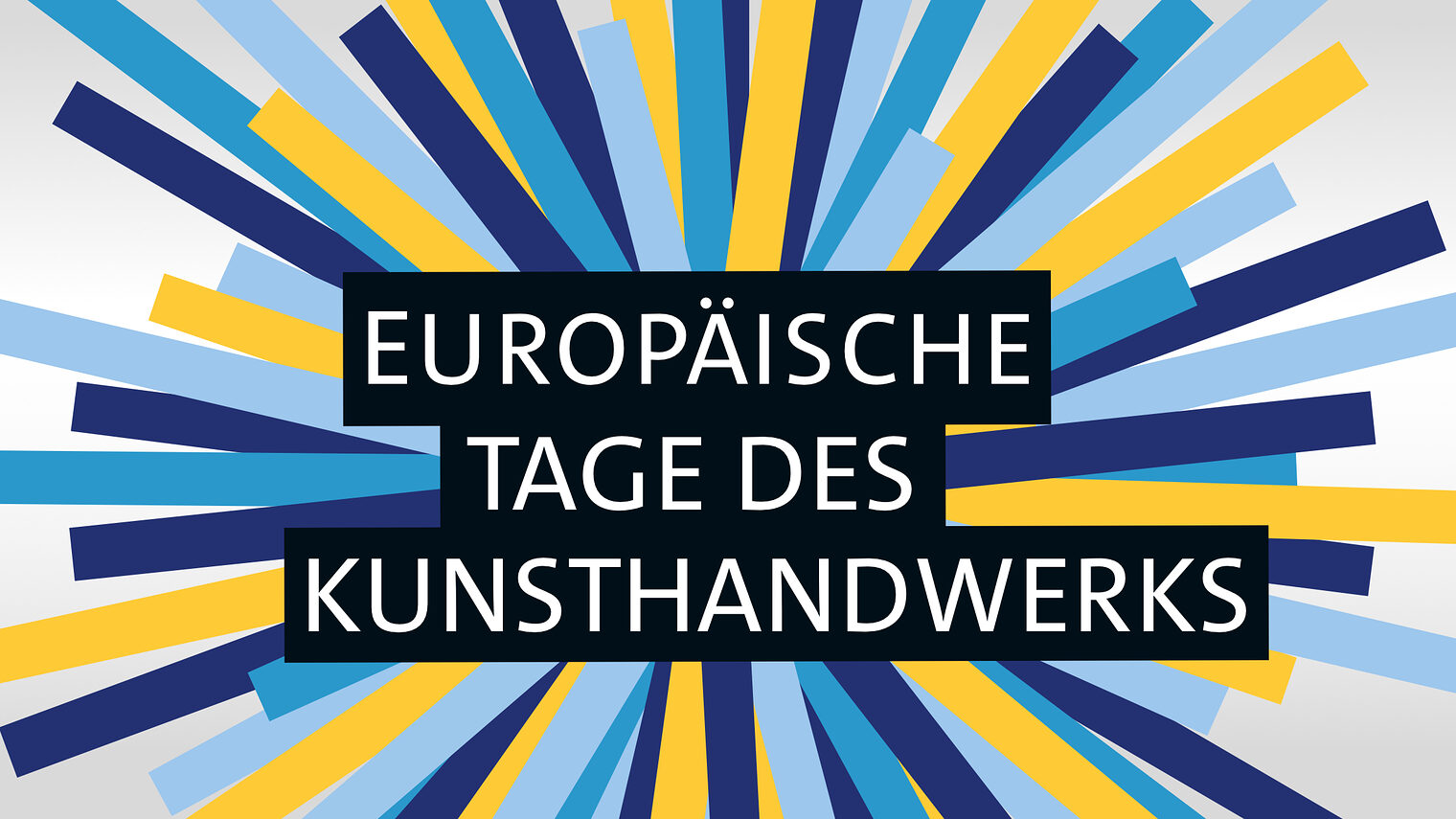 Im Hintergrund sind blaue und gelbe Streifen, die kreisförmig angeordnet sind. In der Mitte steht "Europäische Tage des Kunsthandwerks"