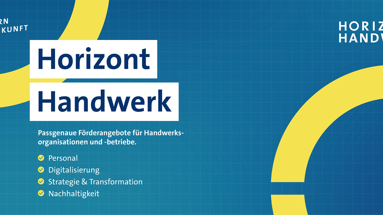 Bildmotiv zum Thema "Horizont Handwerk", mit blauem Hintergrung und zwei angedeutete gelbe Kreise.