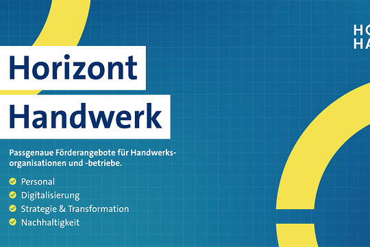 Bildmotiv zum Thema "Horizont Handwerk", mit blauem Hintergrung und zwei angedeutete gelbe Kreise.