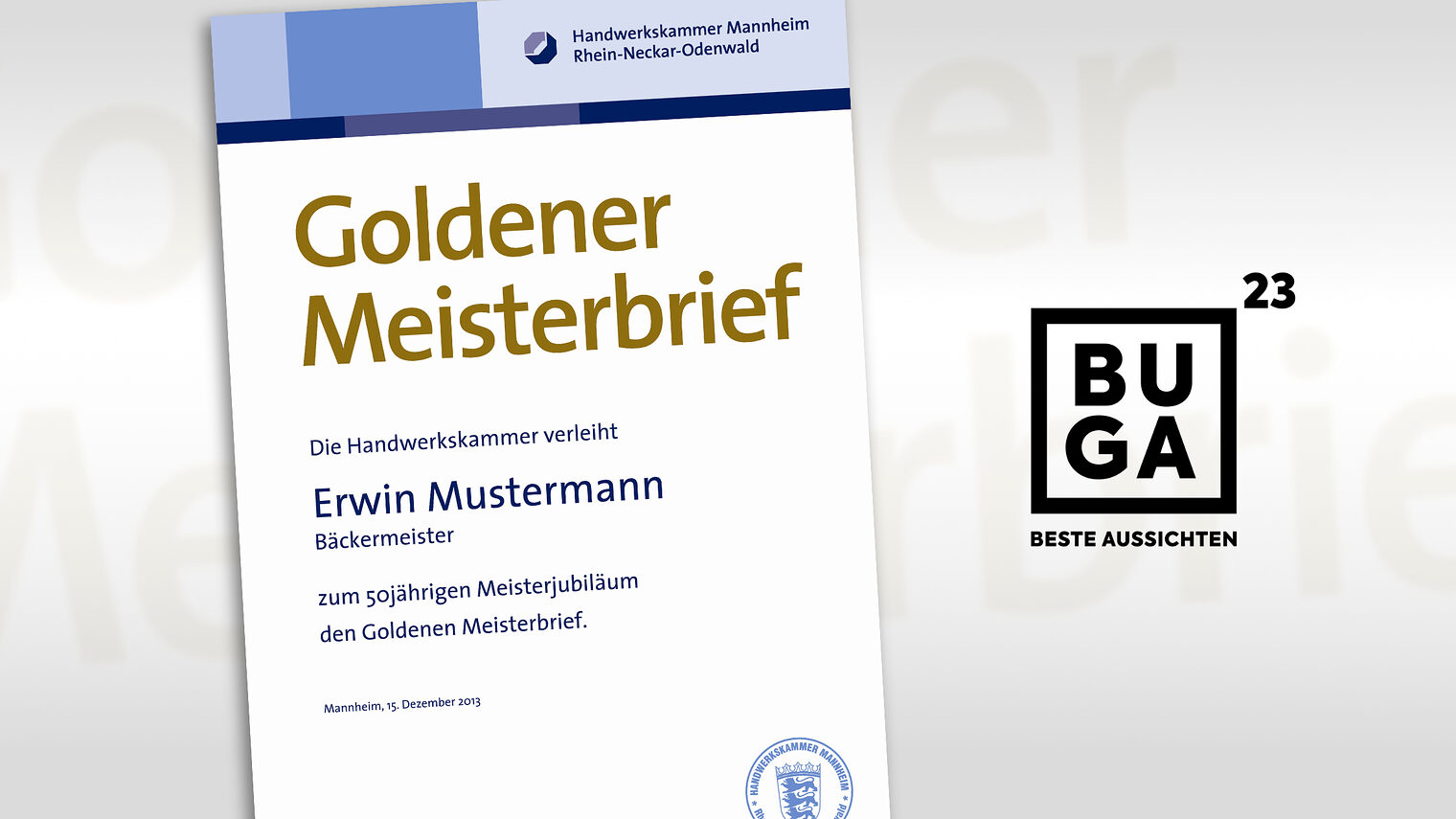 Goldener Meisterbrief und das BUGA-Logo