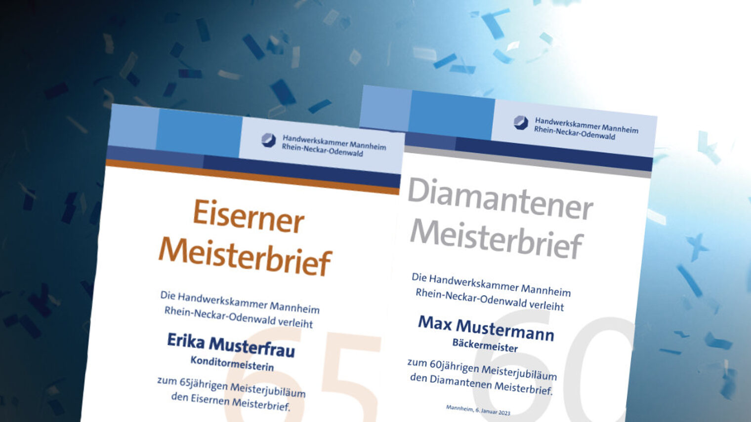 Der Diamantene und der Eiserne Meisterbrief sind abgebildet. 