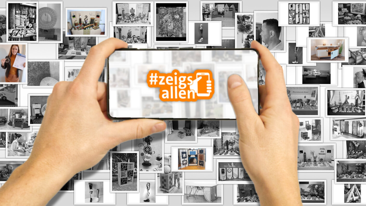 Zwei Hände halten ein Handy und fotografieren eine Kollage aus Fotos von Gesellen- und Meisterstücken.