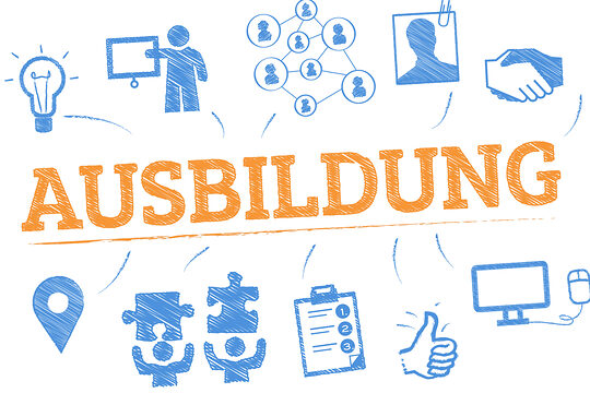 Schriftzug: Ausbildung mit verschiedenen Zeichen wie Glühbirne, Bildschirm, Daumen hoch