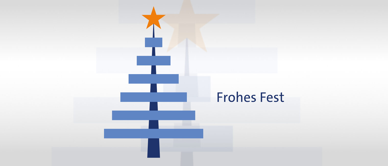 Stilisierter Weihnachtsbaum mit einem Stern auf der Spitz und dem Text "Frohes Fest"