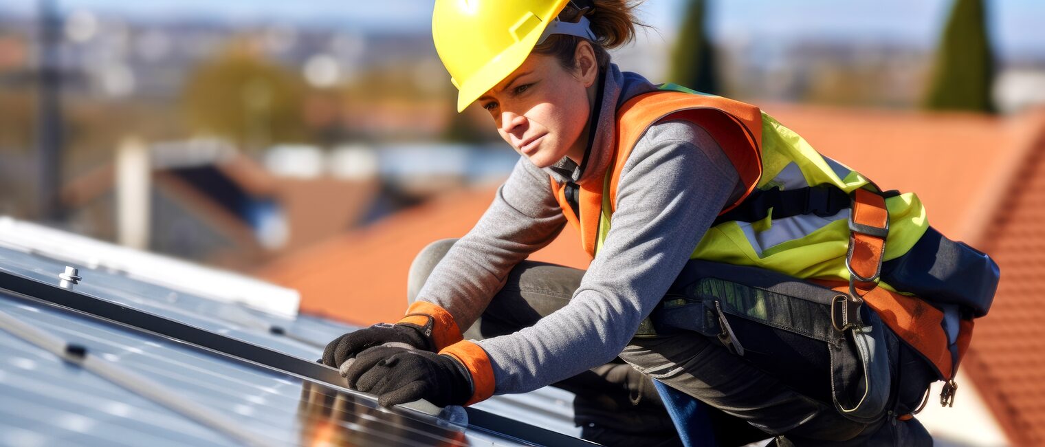 Eine Handwerkerin, die an einer Solaranlage auf einem Dach arbeitet