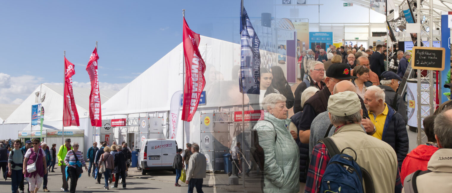 Titel Maimarkt Ankündigung 2024 Bildcollage mit einem Bild vor der Halle des Handwerks auf dem Maimarkt und Besuchern in der Halle des Handwerks.