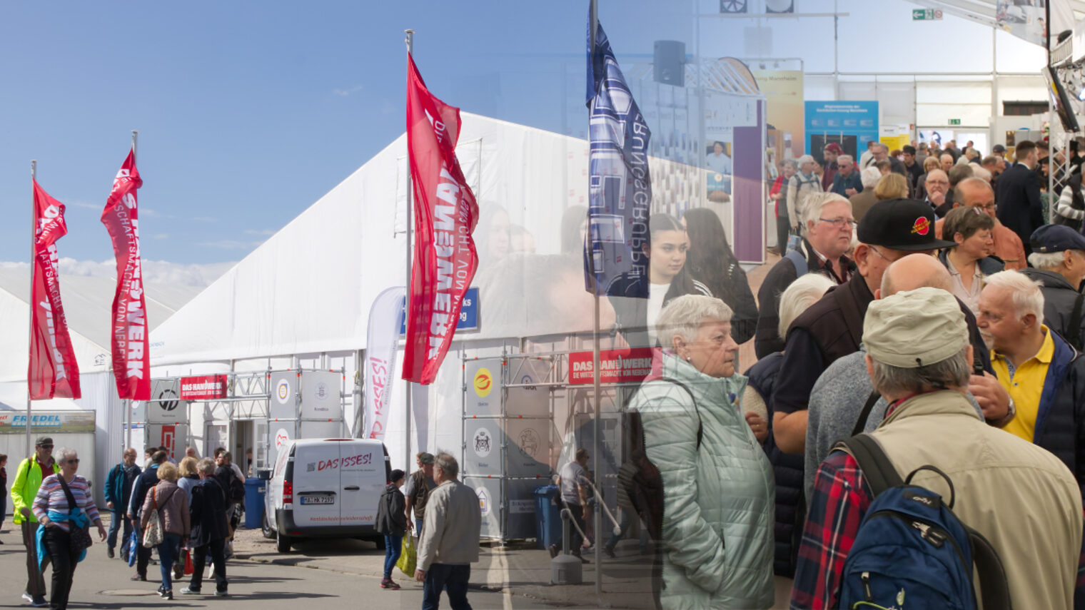 Bildcollage mit einem Bild vor der Halle des Handwerks auf dem Maimarkt und Besuchern in der Halle des Handwerks.