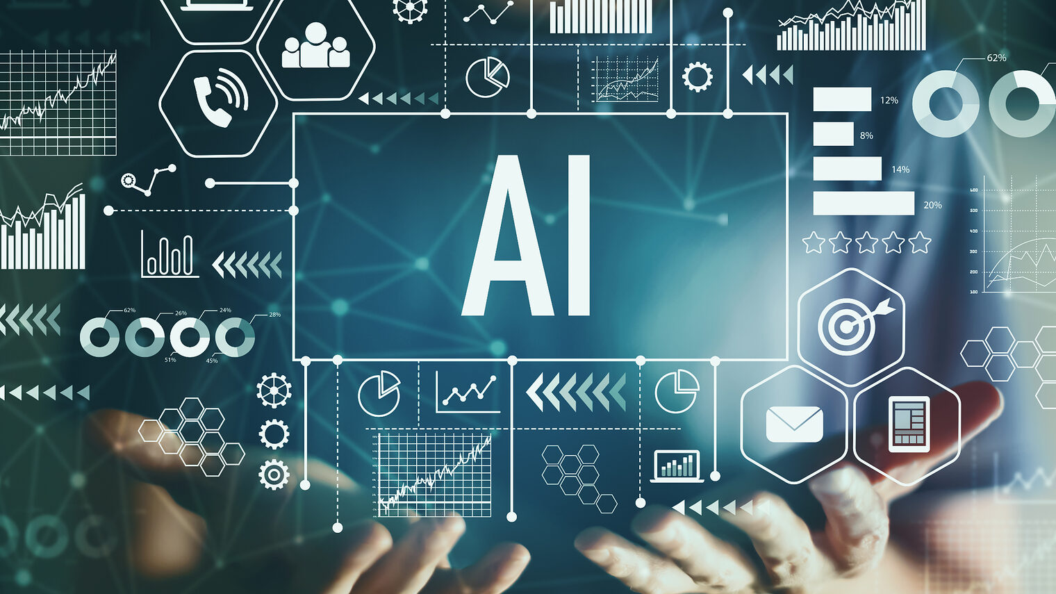 Mehrere Symbole bezüglich Künstlicher Intelligenz mit jungem Mann im Hintergrund 