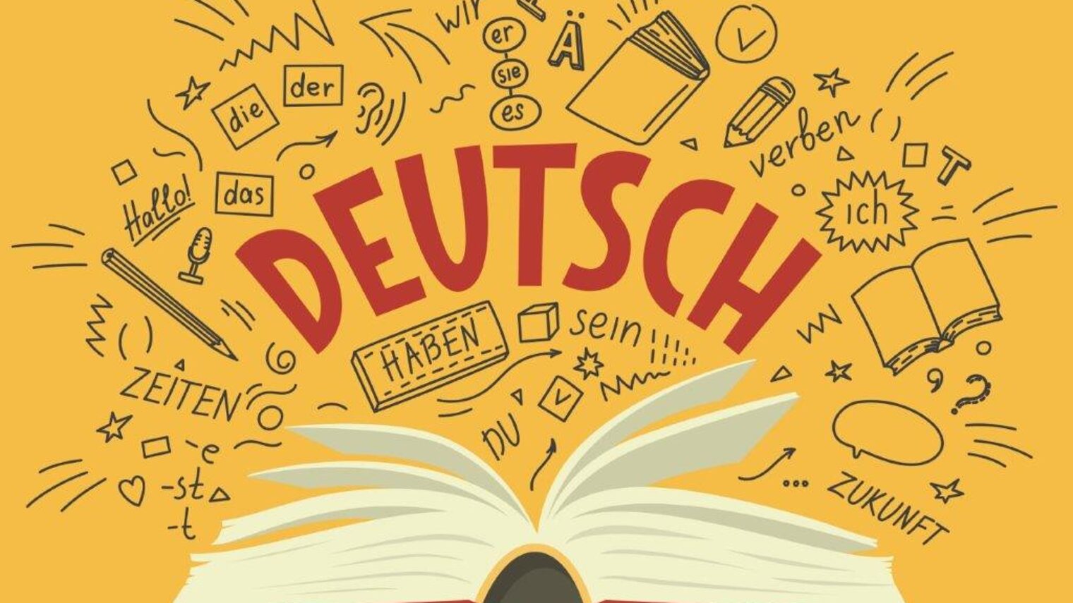 Ein Buch mit vielen Icons und mit roter Schrift und in großen Lettern geschrieben: Deutsch
