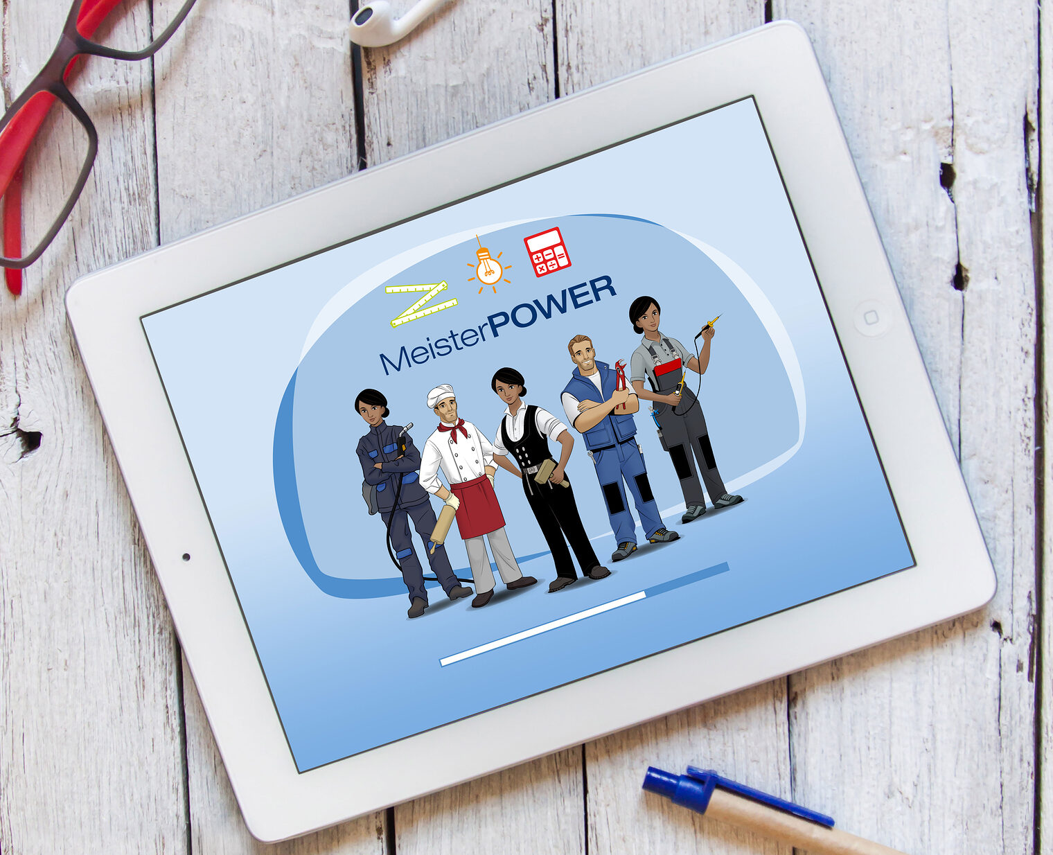 Titelbild der Lernsoftware MeisterPOWER. Gezeigt wird ein Tablet mit fünf Berufsvertretern aus unterschieldlichen Handwerksberufen.
