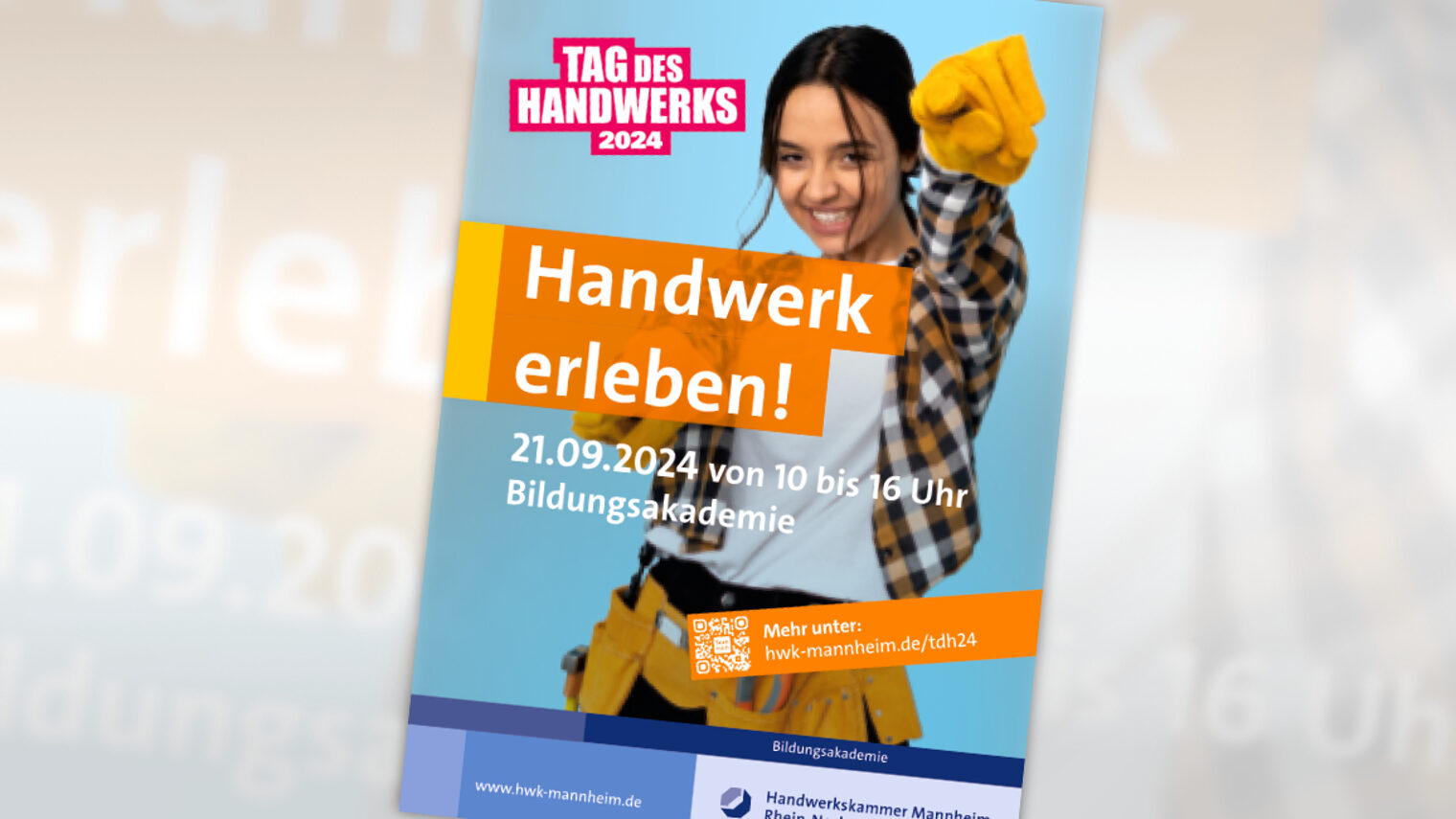Ein Mädchen im Hintergrund und die Schriftzüge Handwerk erleben und Tag des Handwerks 2024