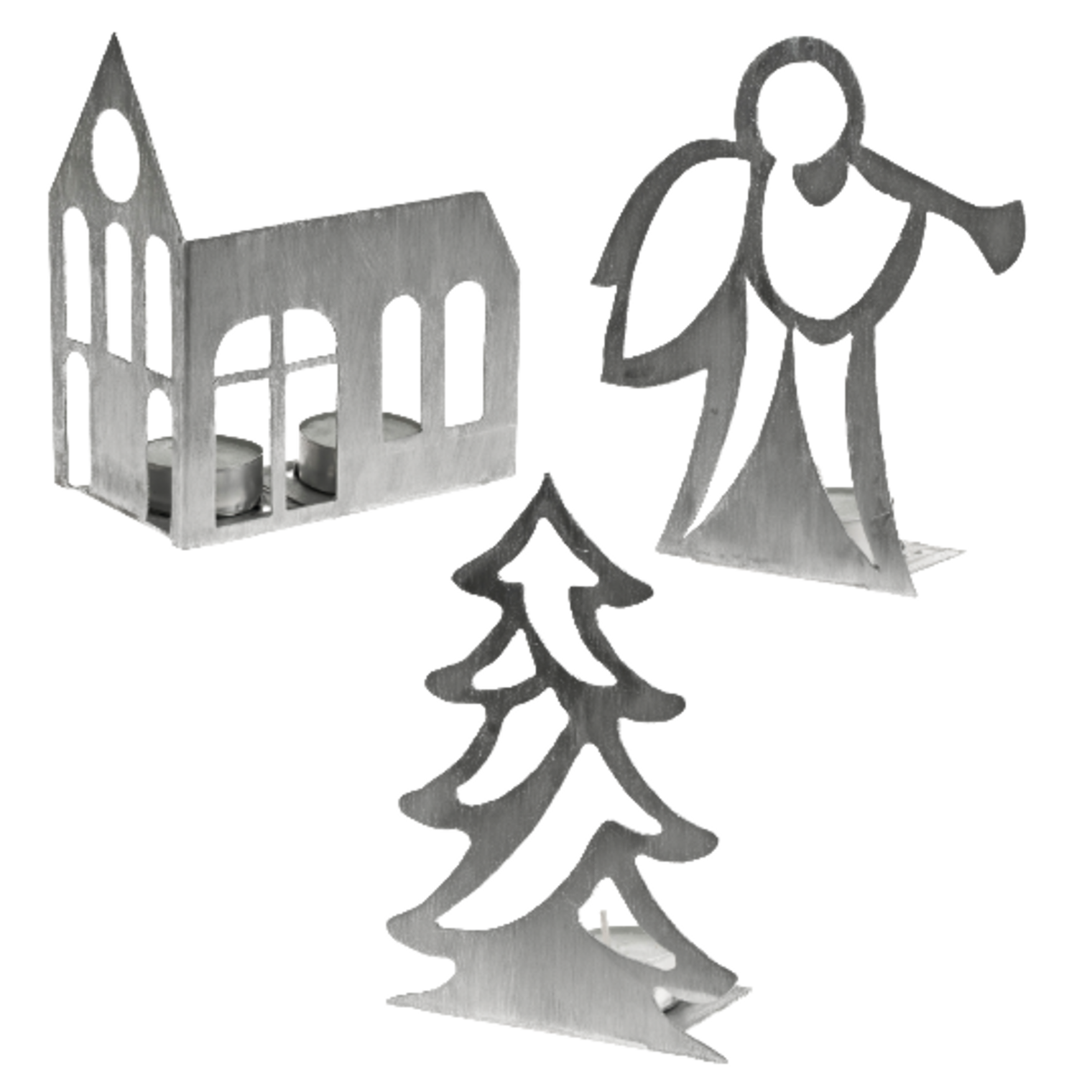 Aus Metall ausgeschnittene, weihnachtliche Teelichthalter.