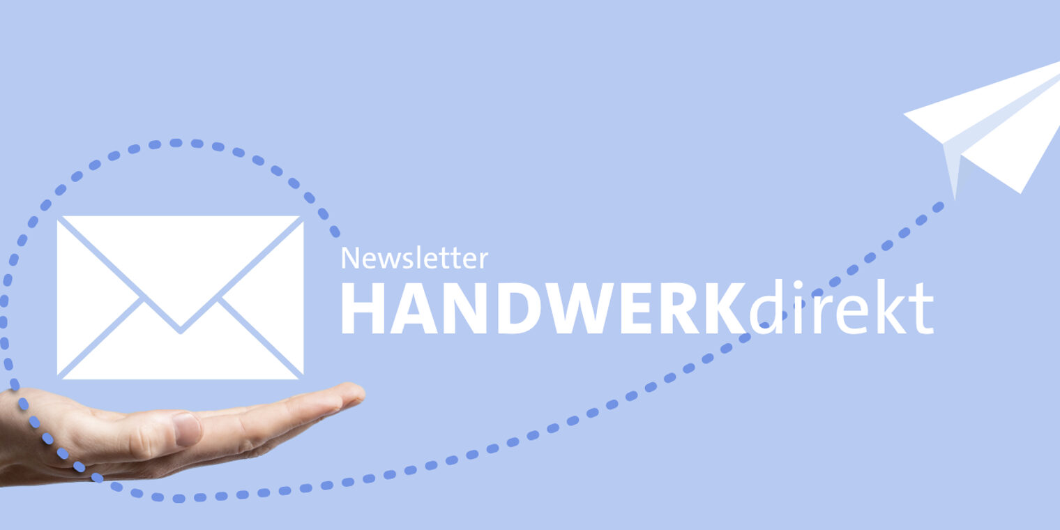 Eine offene Hand, üder der ein Brifkuver schwebt und ein Papiereflieger daraus wird. Text: Newsletter - HANDWERKdirekt