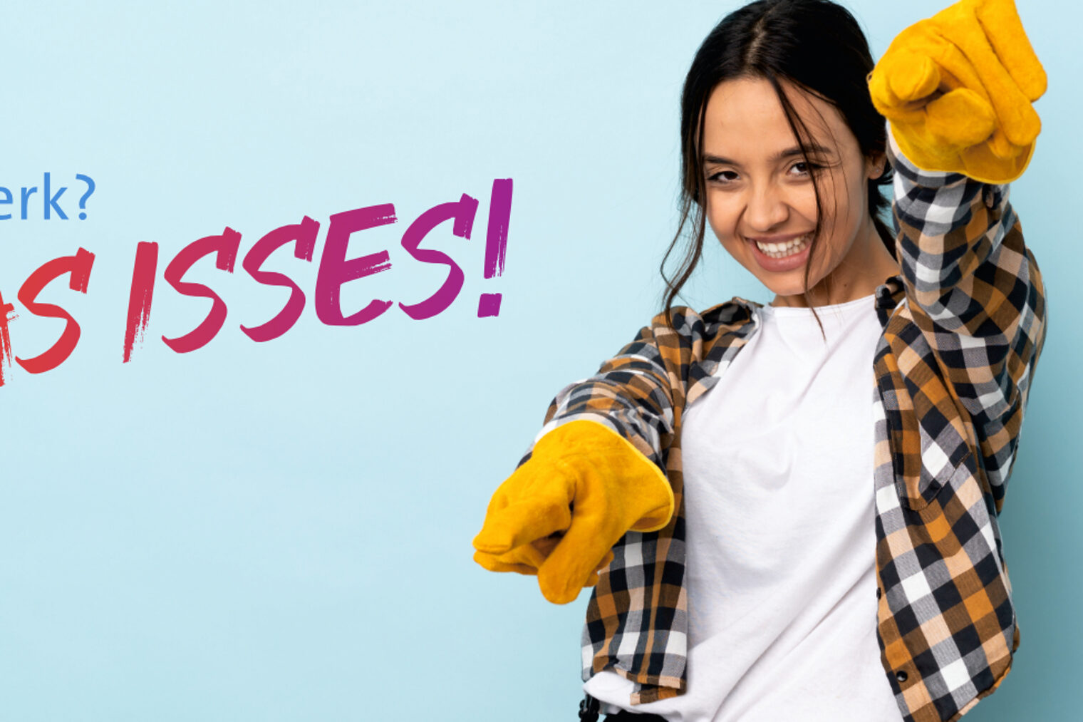 Handwerk im Rampenlicht Junges Mädchen im Handwerker-Look dass mit beiden Zeigefingern zeigt