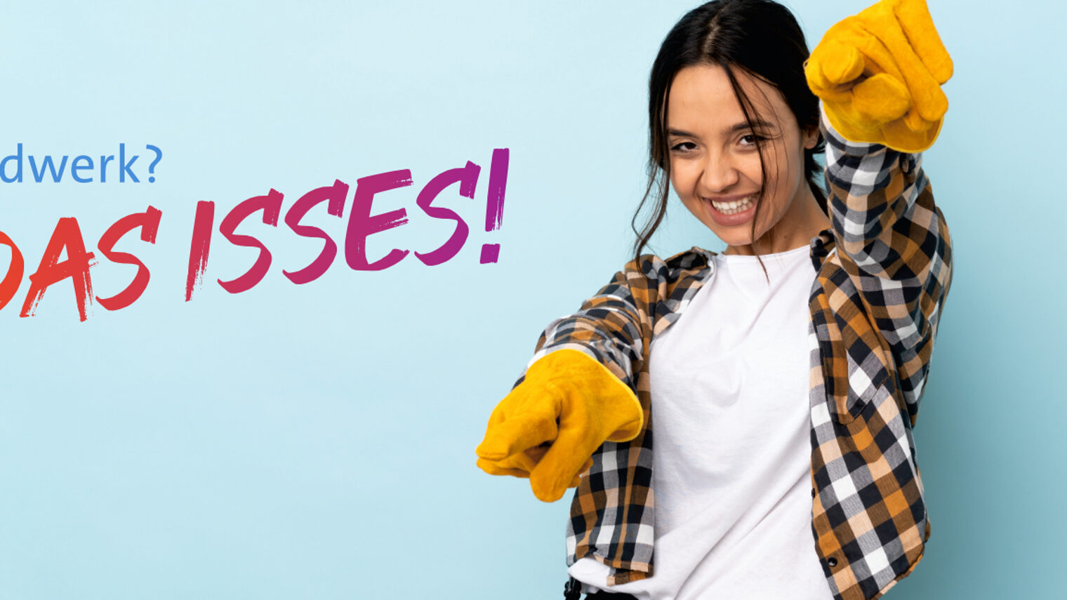 Junges Mädchen im Handwerker-Look dass mit beiden Zeigefingern zeigt