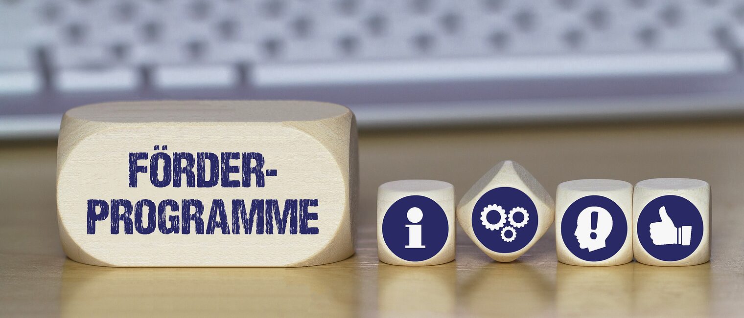 Illustration mit Würfeln zum Thema Förderungen. Auf einem der Würfel steht "Förderprogramme", vier weitere Würfel zeigen Symbole.