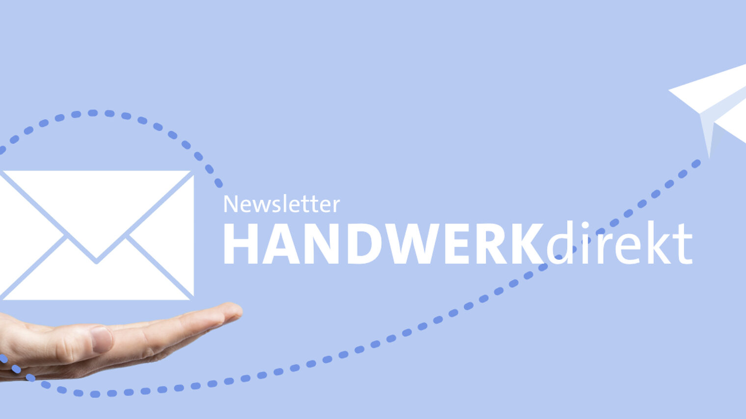 Illustration mit einem Briefumschlag, den ein stilisierter Papierflieger davonträgt, und dem Schriftzug "Newsletter Handwerk direkt".