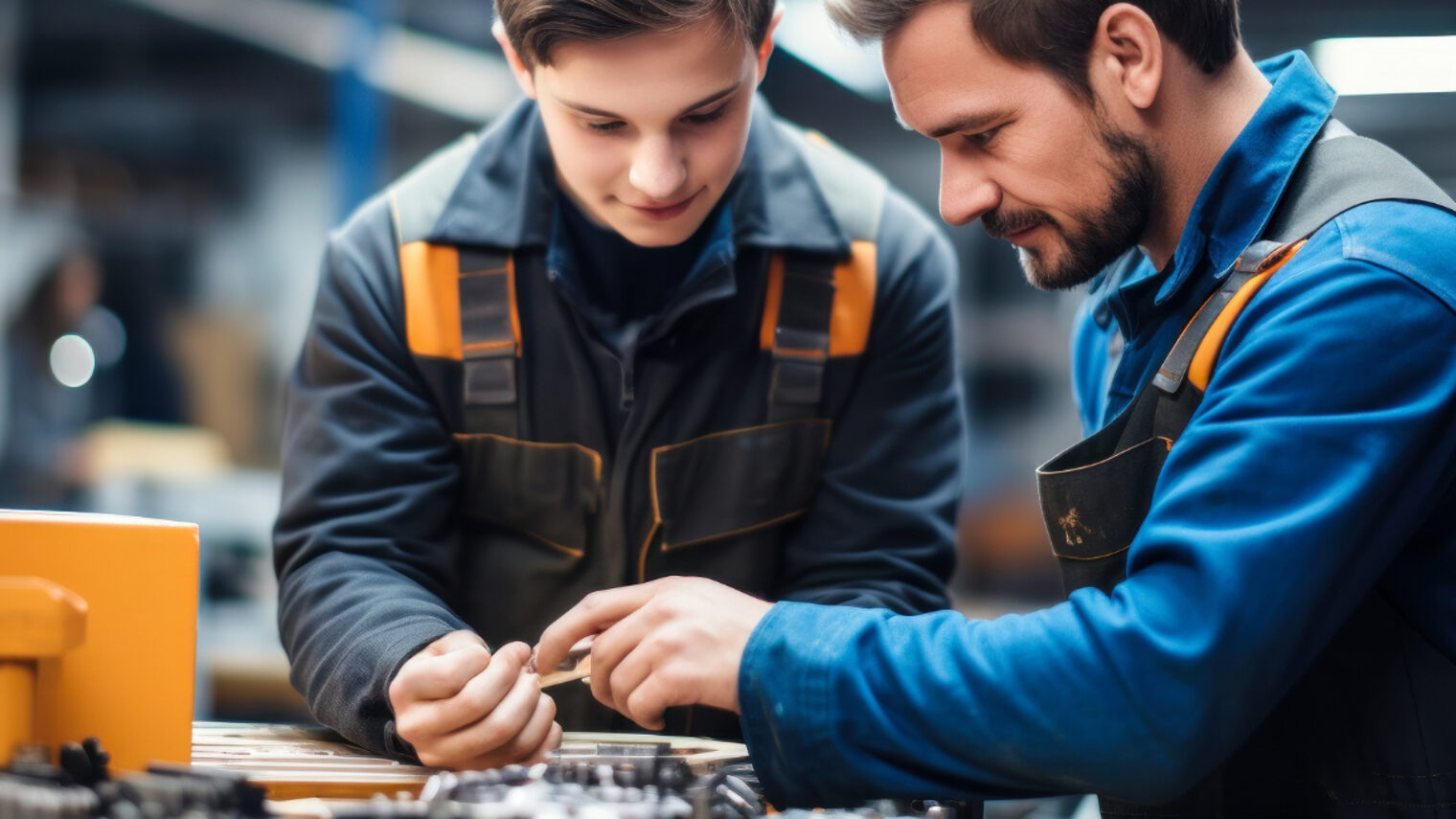 Ausbilder erklärt einem Auszubildenden etwas im Metallbau