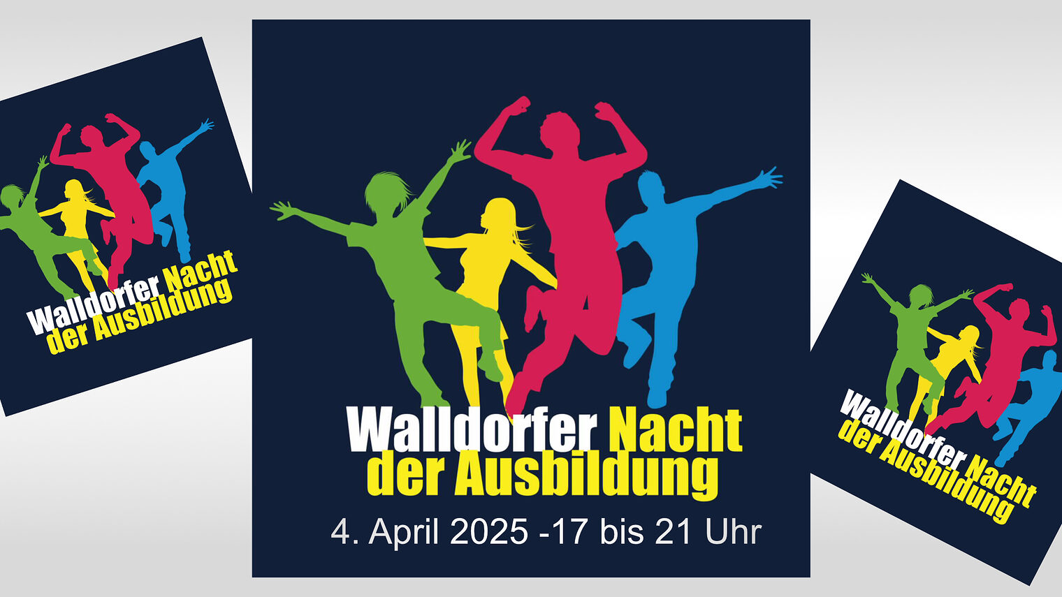 Plakate mit bunten Menschen und dem Slogan "Walldorfern Nacht der Ausbildung", 4. April 2025 - 17 bis 21 Uhr