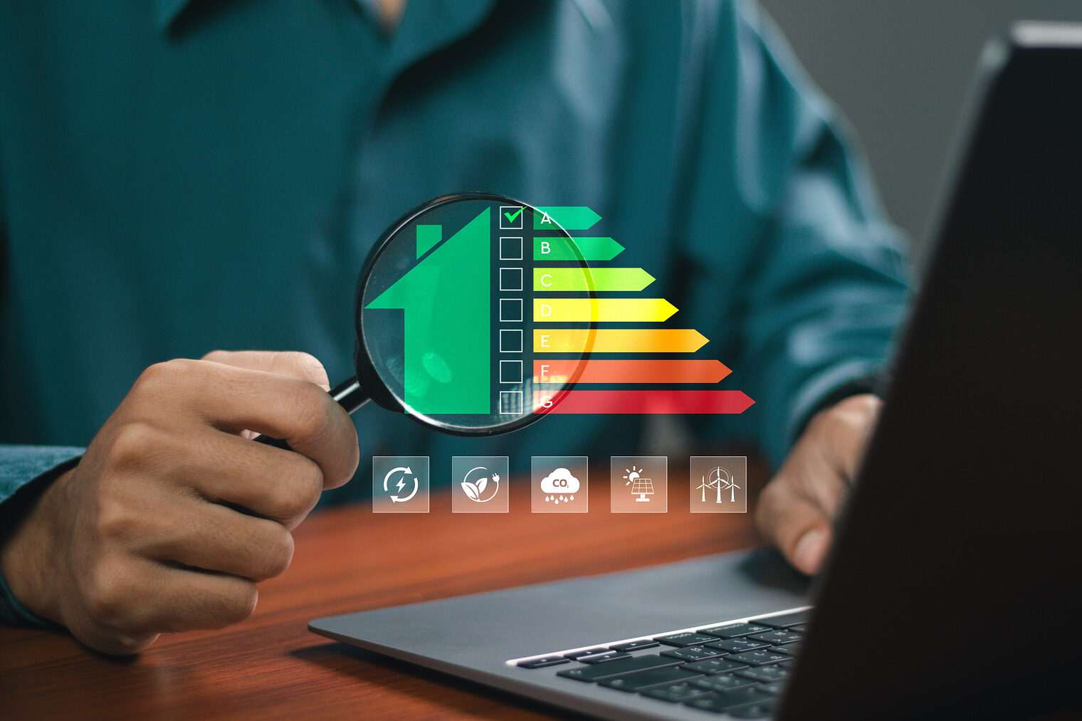 Eine Hand hält eine Lupe durch diese ist ein halbes Haus wie Farbige Skalen zu sehen, die Person sitzt vor einem aufgeklappten Laptop. Eine Hand hält eine Lupe, durch diese ist ein halbes Haus wie Farbige Skalen zu sehen. Die Person sitzt vor einem aufgeklappten Laptop.