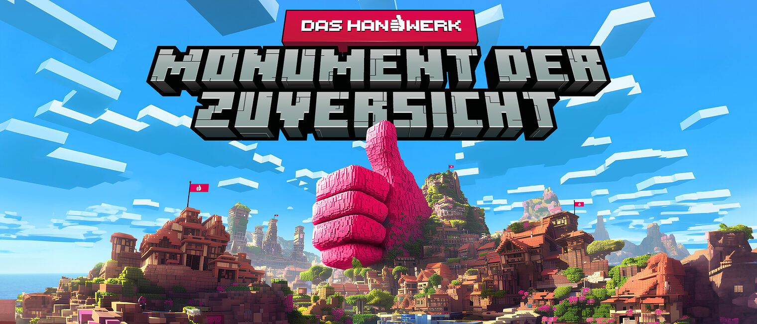 Eine Grafik eines riesigen Daumens am Rand eines Berges im Stile des Spiels Minecraft