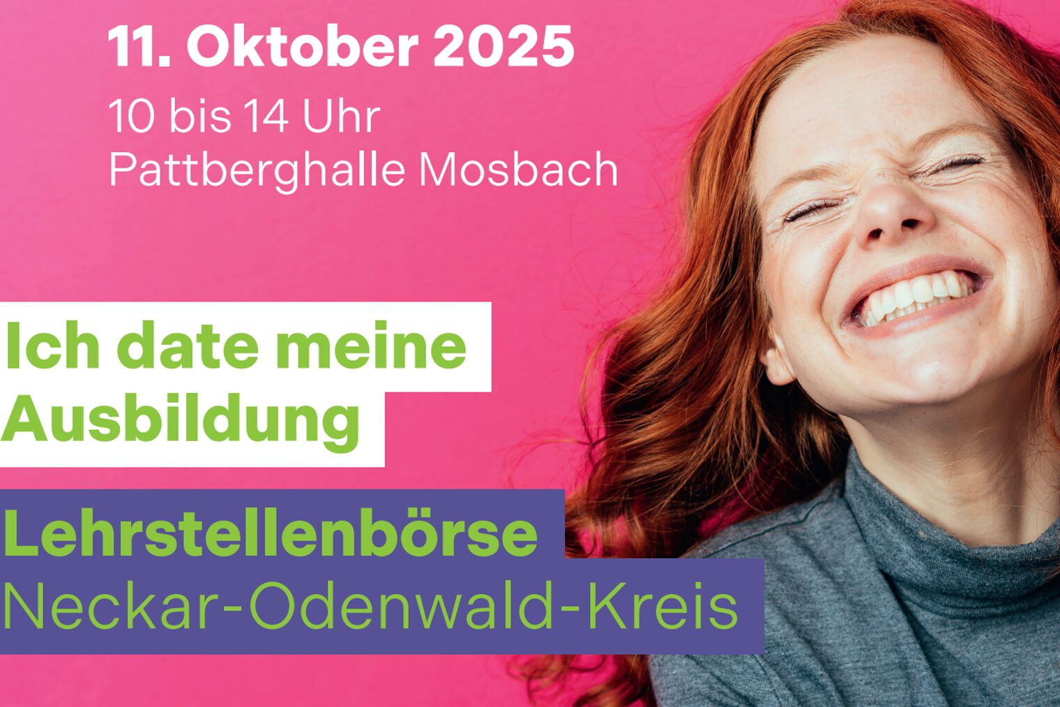 rothaariges Mädchen grinst freudig. Titelbild Veranstaltung Lehrstellenbörse Neckar-Odenwald-Kreis mit Slogan: Ich date meine Ausbildung