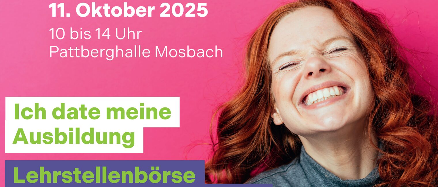 rothaariges Mädchen grinst freudig. Titelbild Veranstaltung Lehrstellenbörse Neckar-Odenwald-Kreis mit Slogan: Ich date meine Ausbildung
