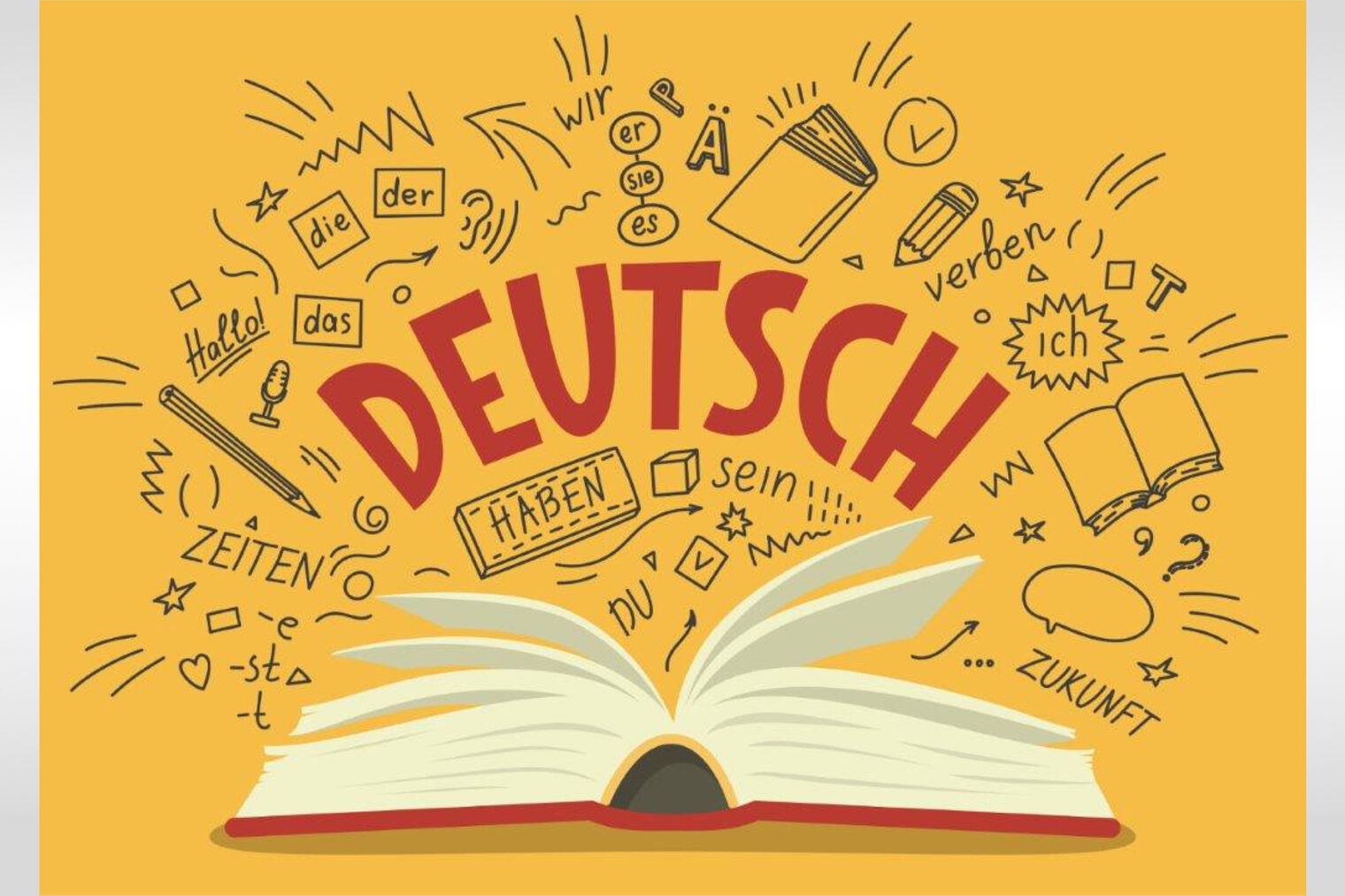 Eine Grafik zeigt eine aufgeschlagenes Buch mit einer großen Headline, nei der es sich um das Thema Deutsch handelt