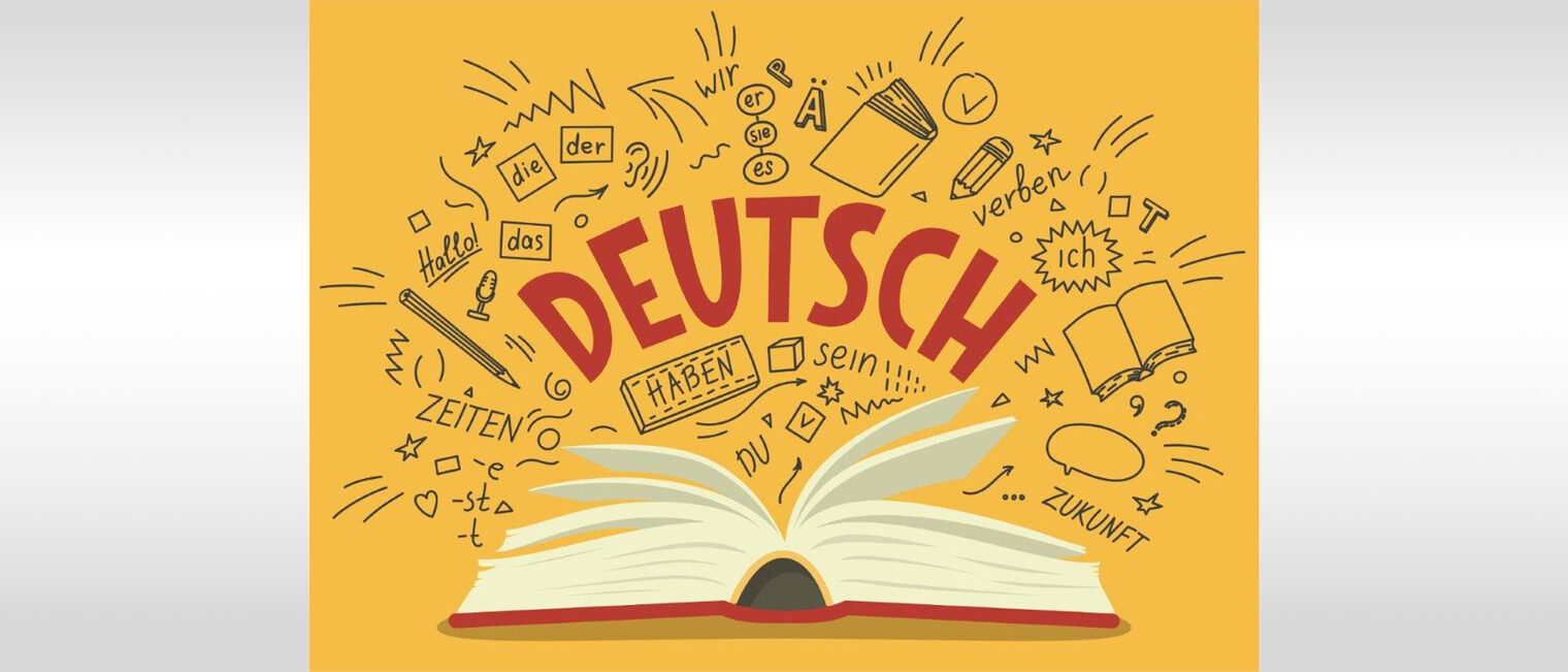 Handwerkskammer unterstützt die Sommer-Intensivsprachkurse für zugewanderte Azubis Eine Grafik zeigt eine aufgeschlagenes Buch mit einer großen Headline, nei der es sich um das Thema Deutsch handelt