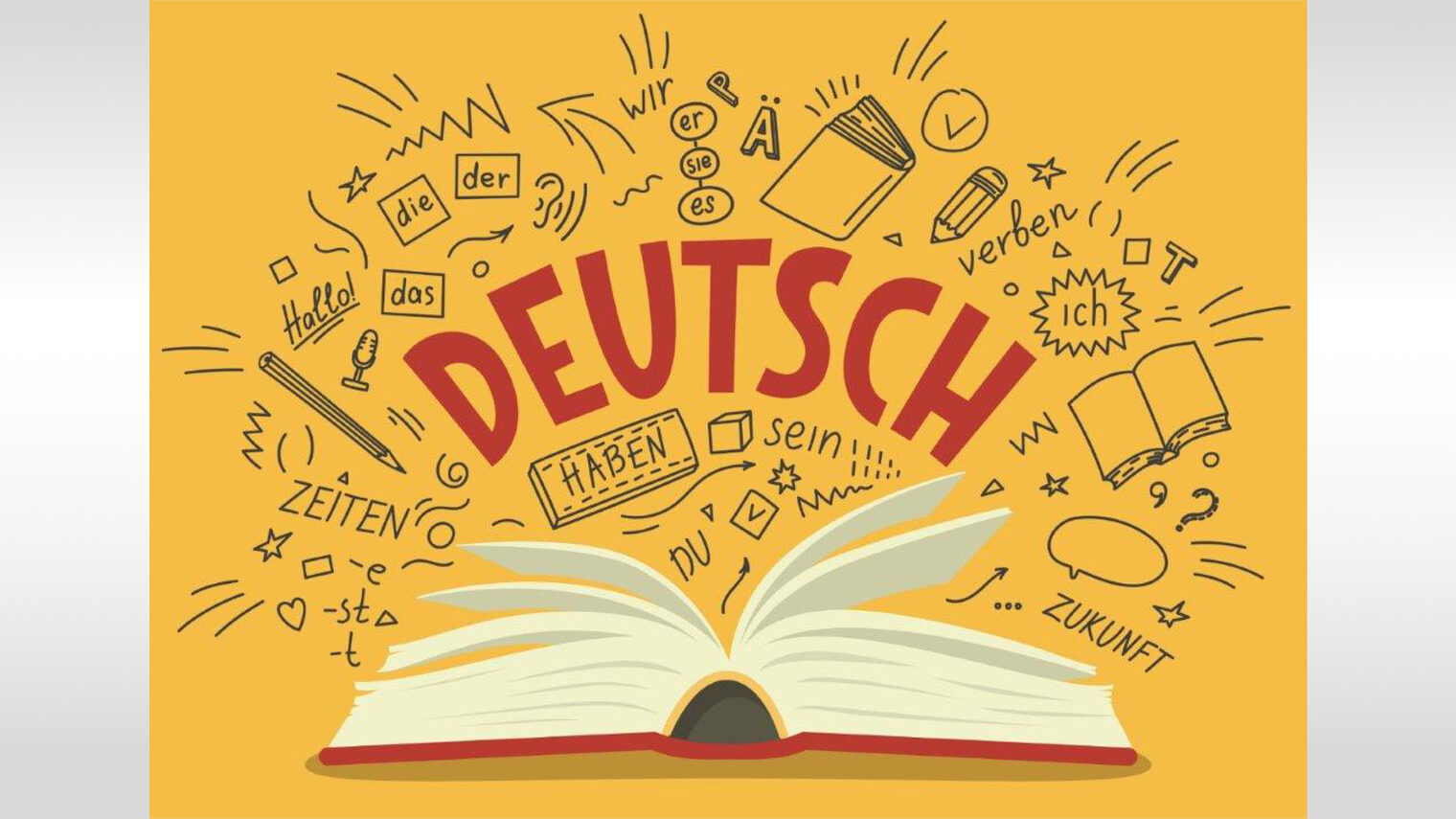 Eine Grafik zeigt eine aufgeschlagenes Buch mit einer großen Headline, nei der es sich um das Thema Deutsch handelt