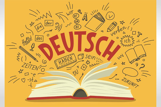 Eine Grafik zeigt eine aufgeschlagenes Buch mit einer großen Headline, nei der es sich um das Thema Deutsch handelt
