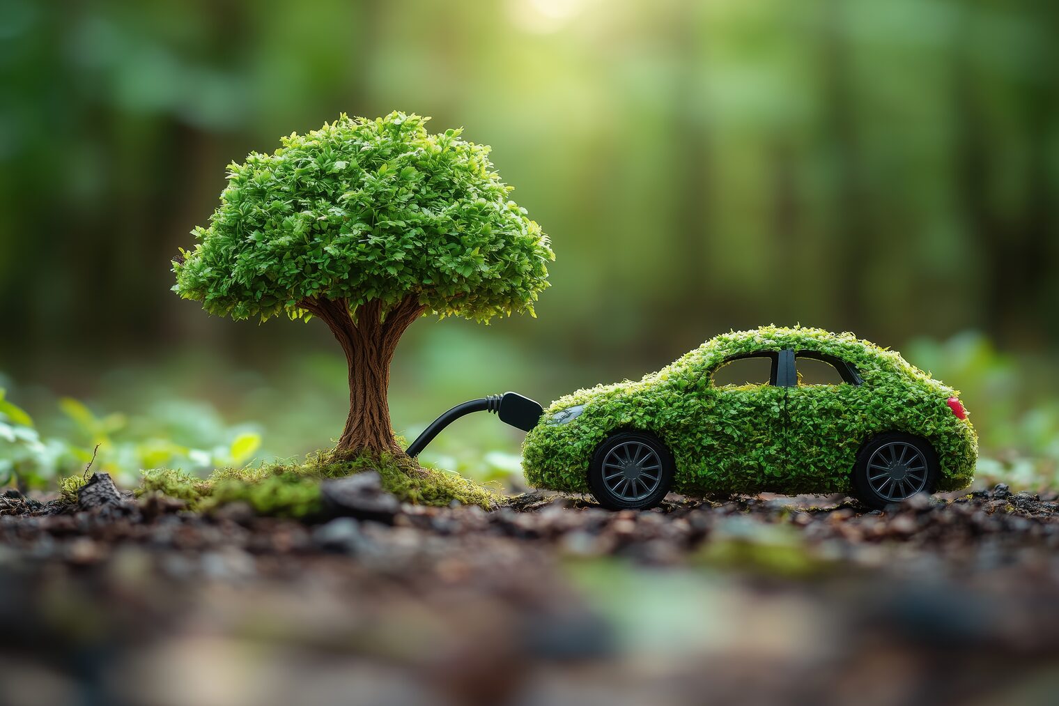 Auto ist mit Pflanzen bewachsen und verbunden mit grünem Baum