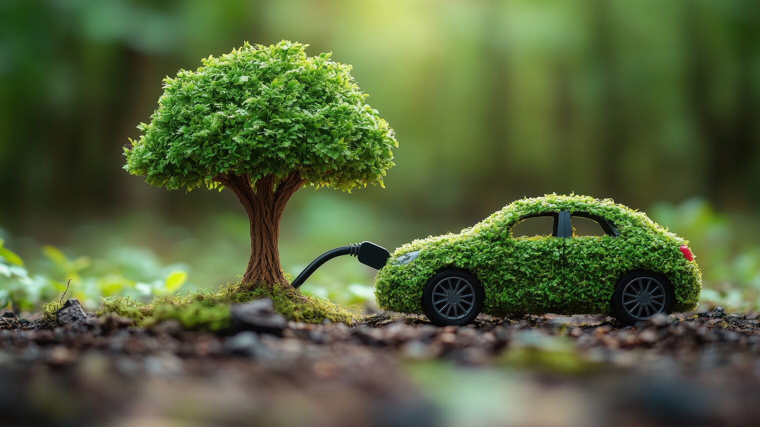 Auto ist mit Pflanzen bewachsen und verbunden mit grünem Baum