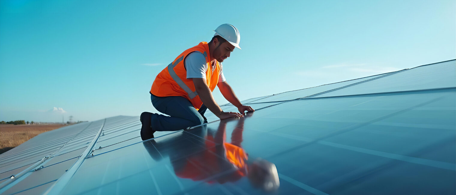 Solar Energie Photovoltaik Mann mit Helm und Schutzwest auf dem Dach eines Gebäude beim Installieren von Sonnenpaneels