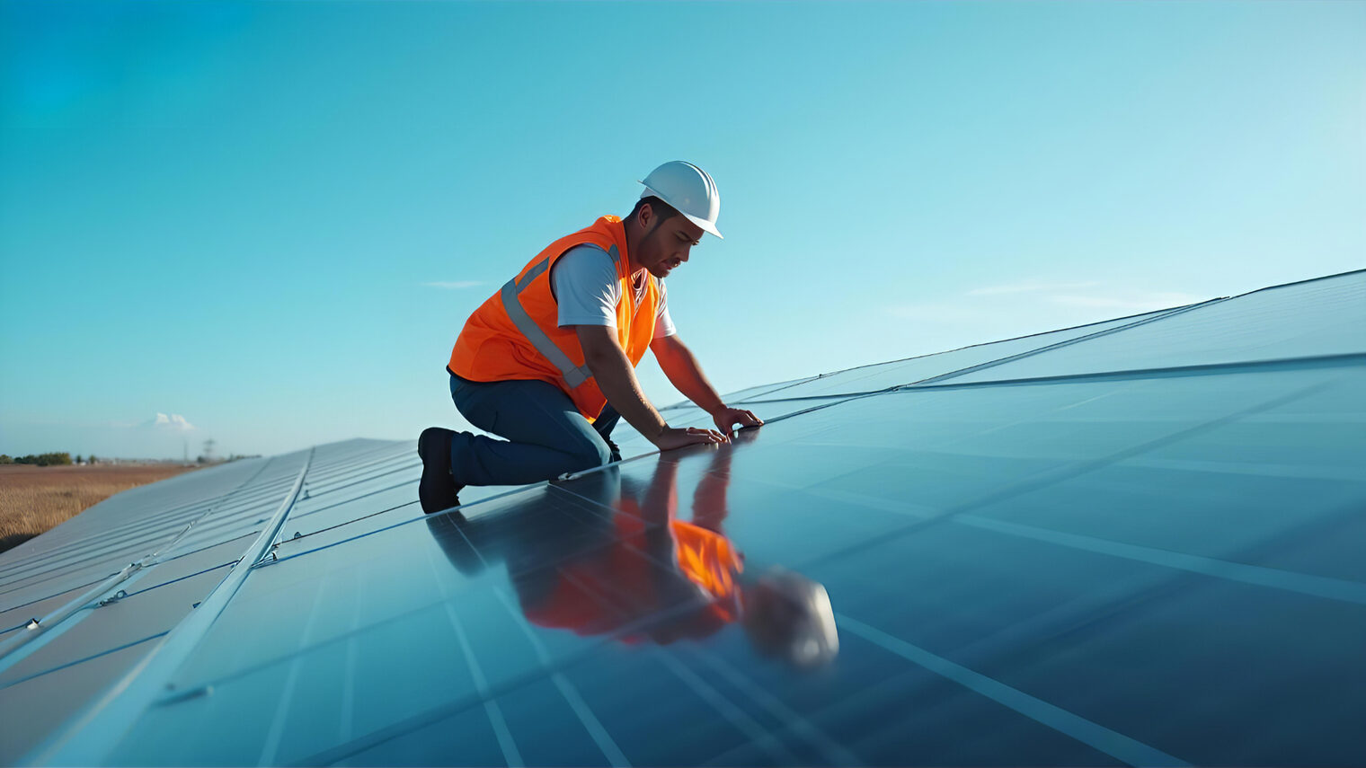 Mann mit Helm und Schutzwest auf dem Dach eines Gebäude beim Installieren von Sonnenpaneels