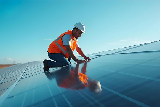 Mann mit Helm und Schutzwest auf dem Dach eines Gebäude beim Installieren von Sonnenpaneels