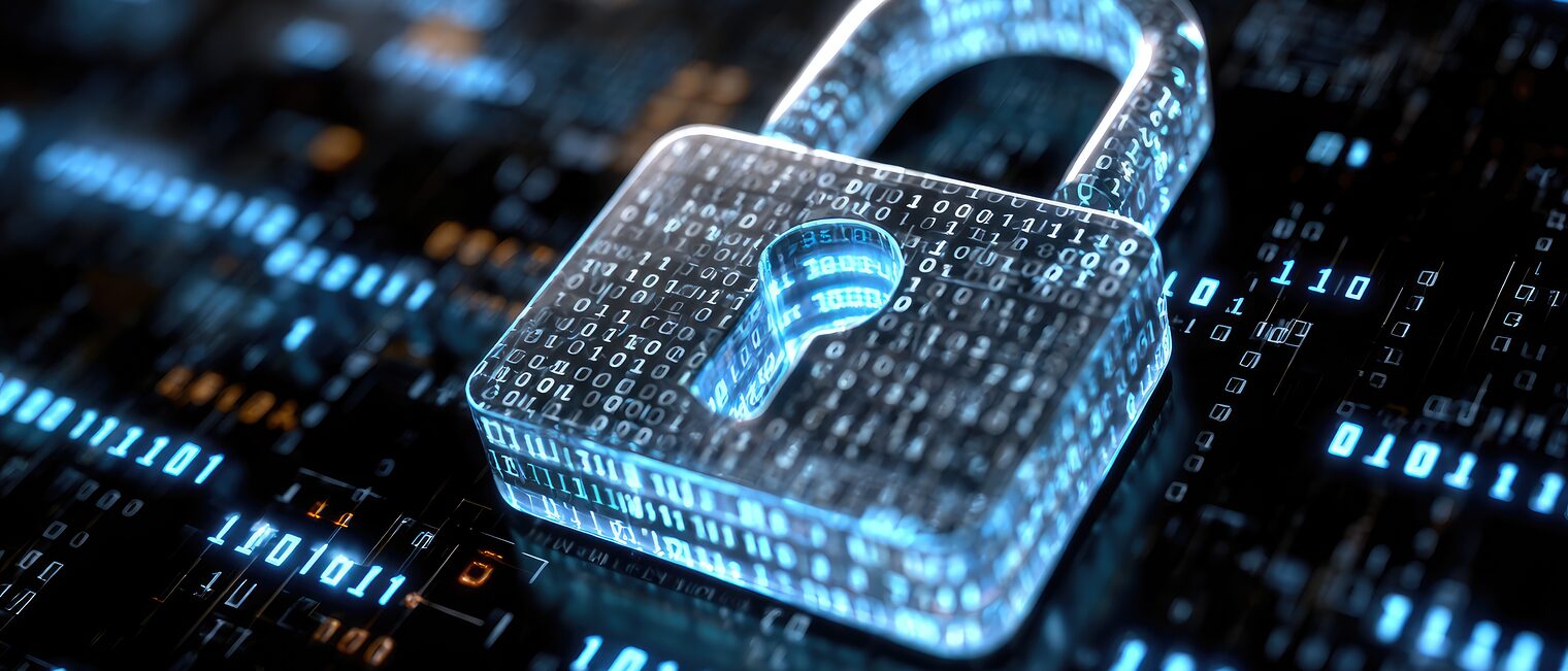 Cybermotiv mit Zahlenreichen in Blautönen auf schwarzem Board, darauf ein Schloss mit ebenfalls cyberartigen Zifferaufdrucken