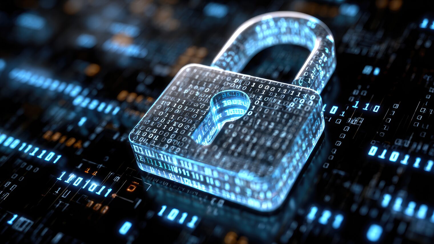 Cybermotiv mit Zahlenreichen in Blautönen auf schwarzem Board, darauf ein Schloss mit ebenfalls cyberartigen Zifferaufdrucken