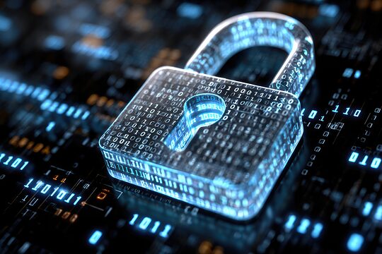 Cybermotiv mit Zahlenreichen in Blautönen auf schwarzem Board, darauf ein Schloss mit ebenfalls cyberartigen Zifferaufdrucken