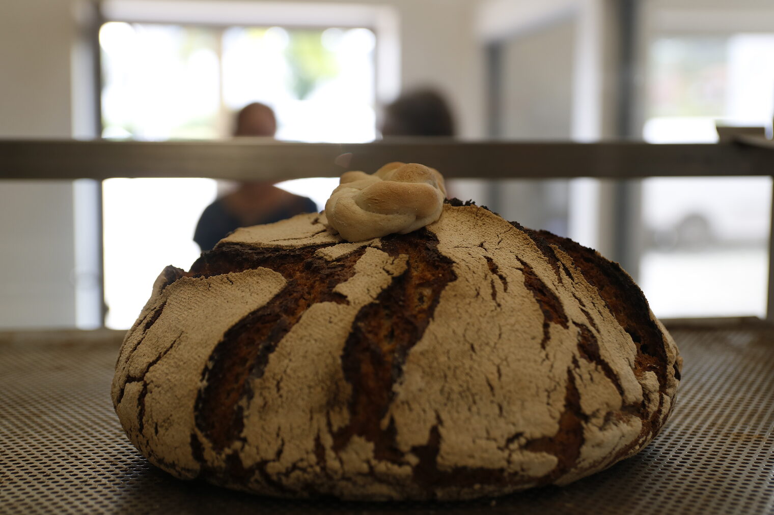 Ein fertig gebackenes Brot liegt auf einem Tisch. 