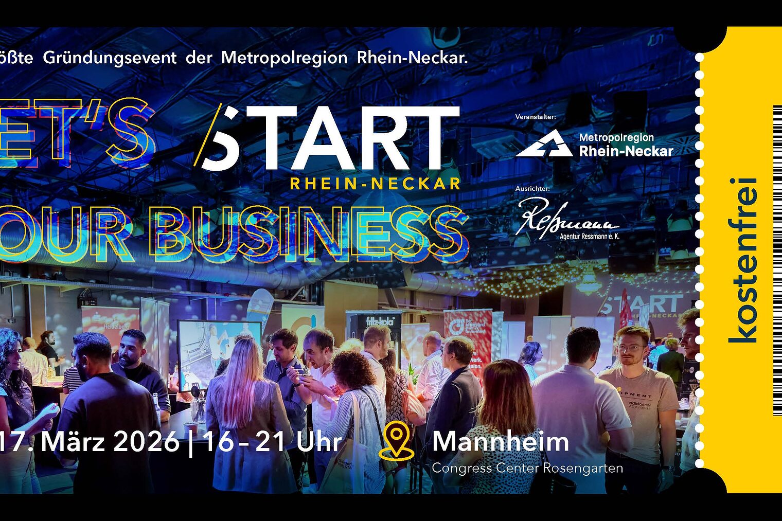 Buntes Eventticket für ein Gründerevent. Im Hintergrund sind viele Menschen und Stände. Im Vordergrund sind die Infos zur Veranstaltung. 