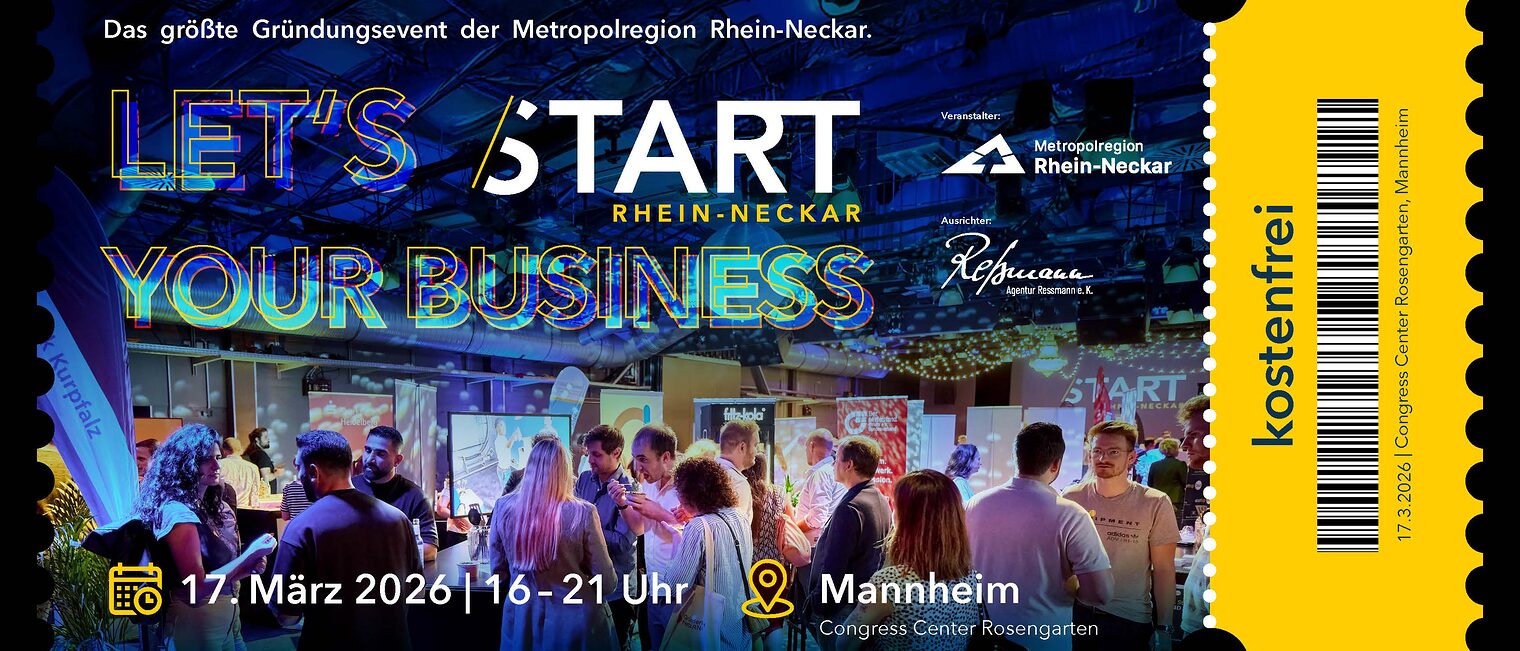 Buntes Eventticket für ein Gründerevent. Im Hintergrund sind viele Menschen und Stände. Im Vordergrund sind die Infos zur Veranstaltung. 