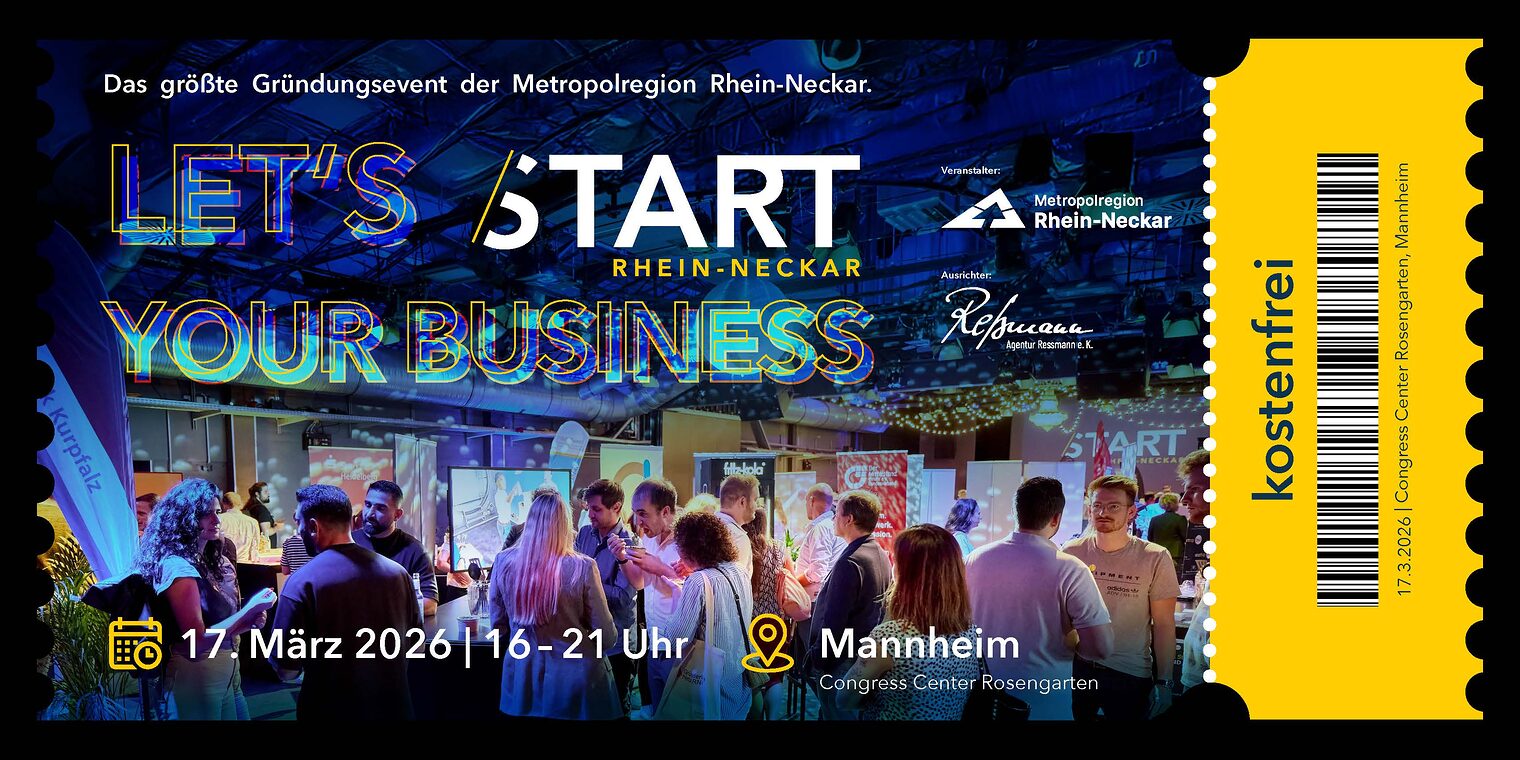 Buntes Eventticket für ein Gründerevent. Im Hintergrund sind viele Menschen und Stände. Im Vordergrund sind die Infos zur Veranstaltung. 